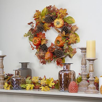 Orange Pumpkins Pine Cones and Berries Fall Harvest Wreath - 24 inch Unlit