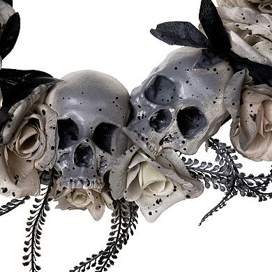 Double Skull and Gray Roses Halloween Wreath 16-Inch Unlit