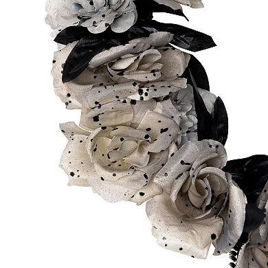 Double Skull and Gray Roses Halloween Wreath 16-Inch Unlit