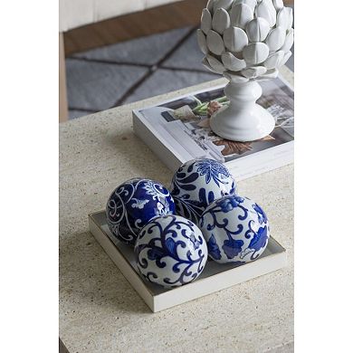 Set of 4 Blue and White Classic Vintage Style Aline Decorative Orbs 4"