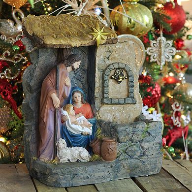 14" Brown and Gray Holy Family Religious Nativity Fountain with Lamp Tabletop Christmas Decoration