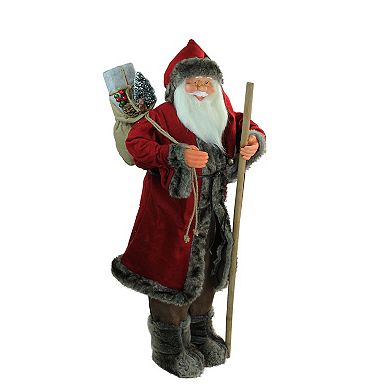 48" Red and Brown Santa Claus with Walking Stick Standing Christmas Figure