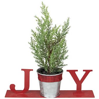 10" Red "JOY" Potted Faux Pine in Metal Planter Christmas Tabletop Plaque
