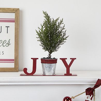 10" Red "JOY" Potted Faux Pine in Metal Planter Christmas Tabletop Plaque