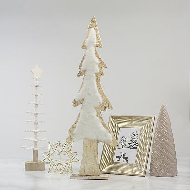 14.5" Brown and White Wooden Tree Christmas Tabletop Decor