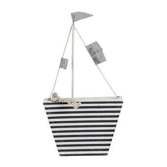 8.75” Cape Cod Inspired White and Gray Striped Boat Table Top Decoration