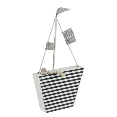 8.75” Cape Cod Inspired White and Gray Striped Boat Table Top Decoration