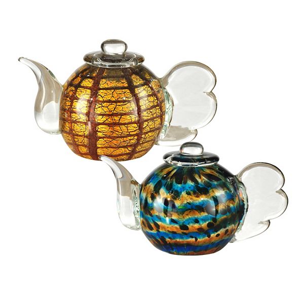 Set of 2 Yellow and Blue Inferno Tea Pot Sculptures 6"