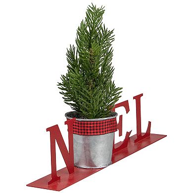 13" Red "NOEL" Potted Faux Pine in Metal Planter Christmas Tabletop Plaque