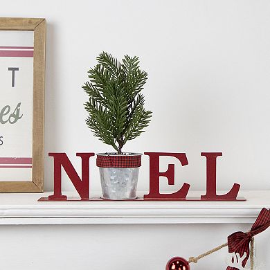13" Red "NOEL" Potted Faux Pine in Metal Planter Christmas Tabletop Plaque