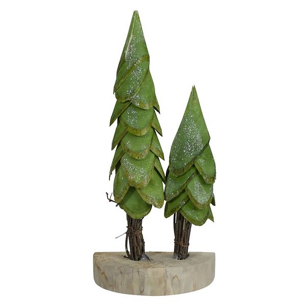 9" Brown and Green Christmas Trees on a Wooden Base Tabletop Decor