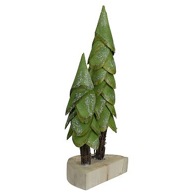 9" Brown and Green Christmas Trees on a Wooden Base Tabletop Decor
