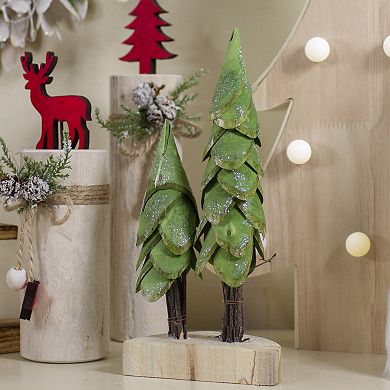 9" Brown and Green Christmas Trees on a Wooden Base Tabletop Decor