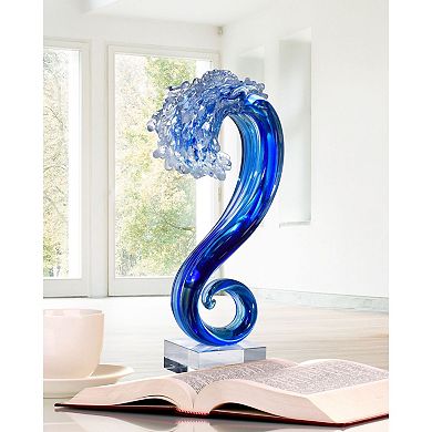 15.5" Blue and Clear Pacific Wave Handcrafted Art Glass Sculpture
