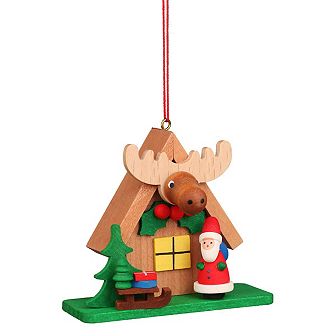 2.75" Brown Green and Red Santa with Elk House Collectible Christian Ulbricht Ornament
