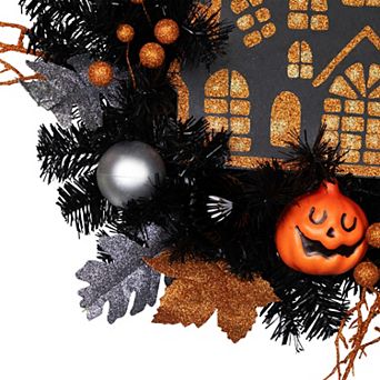 Orange and Black Haunted House Halloween Wreath 24-Inch Unlit