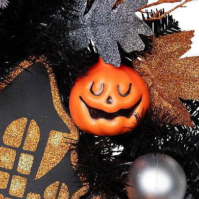 Orange and Black Haunted House Halloween Wreath 24-Inch Unlit
