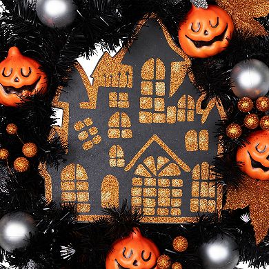 Orange and Black Haunted House Halloween Wreath 24-Inch Unlit