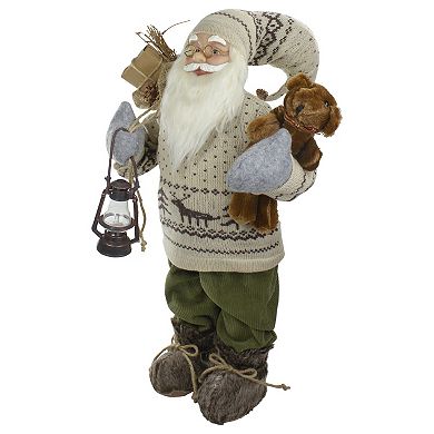 2' Standing Santa Christmas Figure with a Plush Bear and Lantern