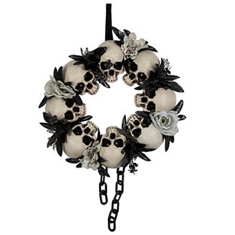 Skulls and Chains with Gray Roses Halloween Wreath 15-Inch Unlit