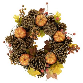 Pinecone and Pumpkin Autumn Harvest Wreath 13.5-Inch Unlit