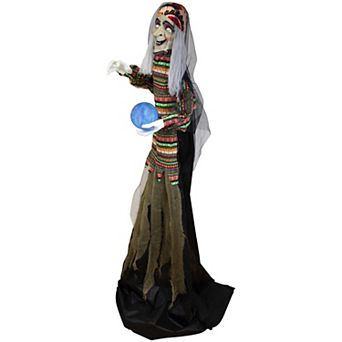 5.5' Pre-Lit Black and Green Standing Fortune Witch with Magic Ball Halloween Display