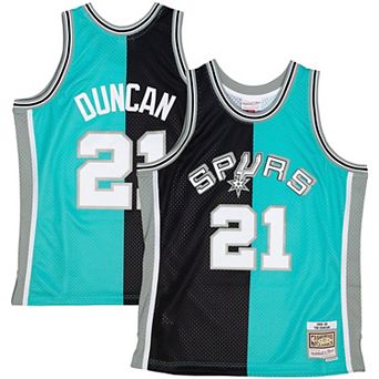 Men's Mitchell & Ness Tim Duncan Black/Teal San Antonio Spurs Big & Tall Hardwood Classics 1998-99 Split Swingman Jersey