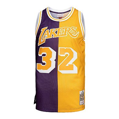 Men's Mitchell & Ness Magic Johnson Purple/Gold Los Angeles Lakers Big & Tall Hardwood Classics 1984-85 Split Swingman Jersey