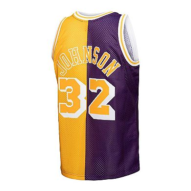 Men's Mitchell & Ness Magic Johnson Purple/Gold Los Angeles Lakers Big & Tall Hardwood Classics 1984-85 Split Swingman Jersey