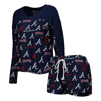 Women's Concepts Sport Navy Atlanta Braves Breakthrough Allover Print Long Sleeve V-Neck T-Shirt & Shorts Sleep Set