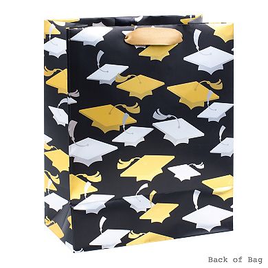 Hallmark 9-in. Medium Graduation Gift Bag with Tissue Paper (Gold and Silver Mortarboards on Black) for College, High School, 8th Grade, Kindergarten
