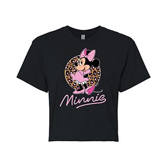 Disney's Mickey Mouse & Friends Juniors' Minnie Mouse Leopard Cropped Graphic Tee