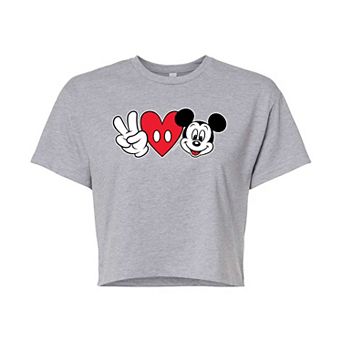 Disney's Mickey Mouse & Friends Juniors' Peace Love Mickey Cropped Graphic Tee