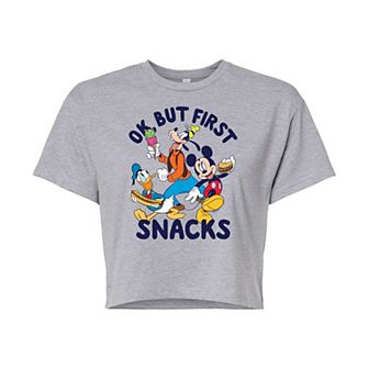 Disney's Mickey Mouse & Crew Junior's Ok But First Snacks Cropped Graphic Tee