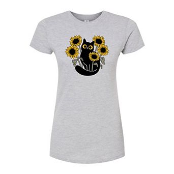 Juniors' Black Cat Sunflowers Fitted Tee