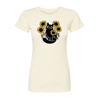 Juniors' Black Cat Sunflowers Fitted Tee