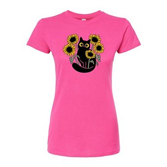 Juniors' Black Cat Sunflowers Fitted Tee