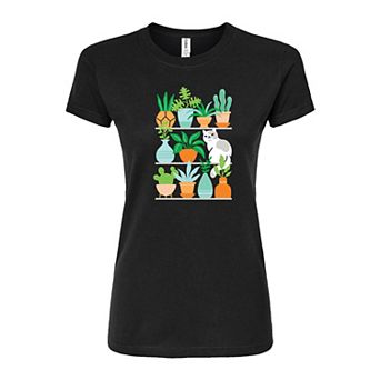 Juniors' Cat With Plants Fitted Tee