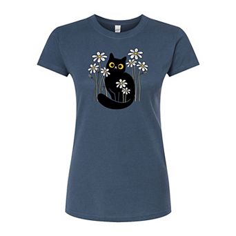Juniors' Black Cat In Daisies Fitted Tee
