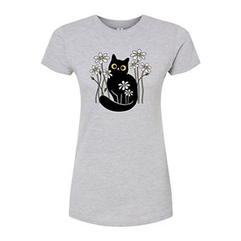 Juniors' Black Cat In Daisies Fitted Tee