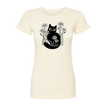Juniors' Black Cat In Daisies Fitted Tee
