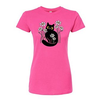 Juniors' Black Cat In Daisies Fitted Tee
