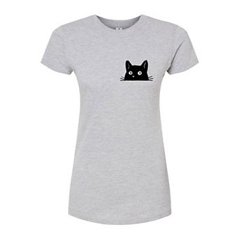 Juniors' Cat Peeking Fitted Tee