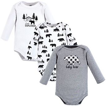 Hudson Baby Infant Boy Cotton Long-Sleeve Bodysuits, Baby Bear Gray Black 3-Pack, 3-6 Months