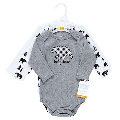 Hudson Baby Infant Boy Cotton Long-Sleeve Bodysuits, Baby Bear Gray Black 3-Pack, 3-6 Months