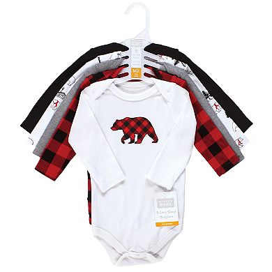 Hudson Baby Infant Boy Cotton Long-Sleeve Bodysuits, Buffalo Plaid Bear 5-Pack