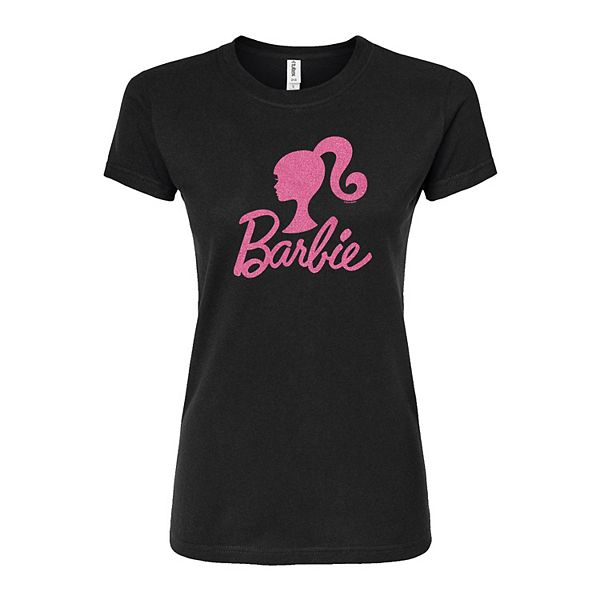 Juniors' Barbie Pink Glitter Logo Fitted Tee