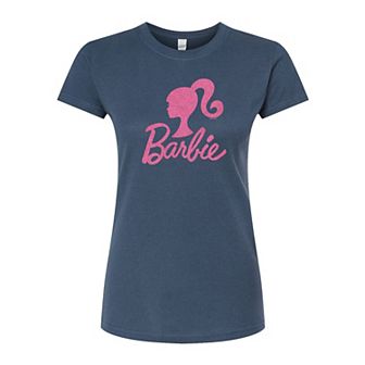 Juniors' Barbie Pink Glitter Logo Fitted Tee