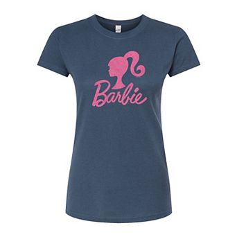 Juniors' Barbie Pink Glitter Logo Fitted Tee
