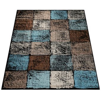 Modern Area Rug For Living Room Checkered In Brown Cream Blue